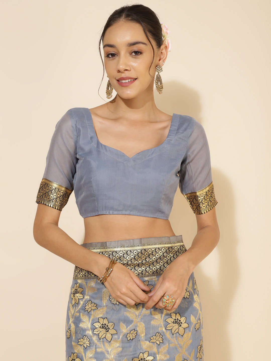 Janasya Grey Chanderi Silk Floral Woven Design Grab2Buy 