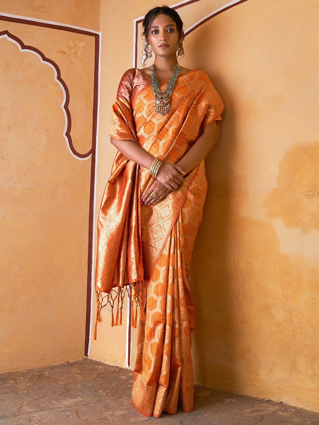 Janasya Yellow Organza Woven Ethnic Motifs Kanjeevaram Grab2Buy 