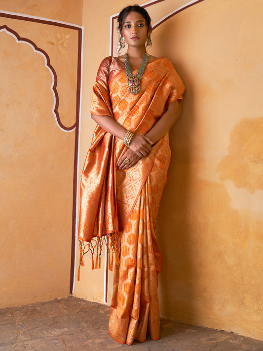 Janasya Yellow Organza Woven Ethnic Motifs Kanjeevaram Grab2Buy 