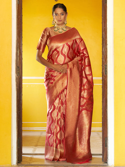 Janasya Red Organza Woven Ethnic Motifs Kanjeevaram Grab2Buy 