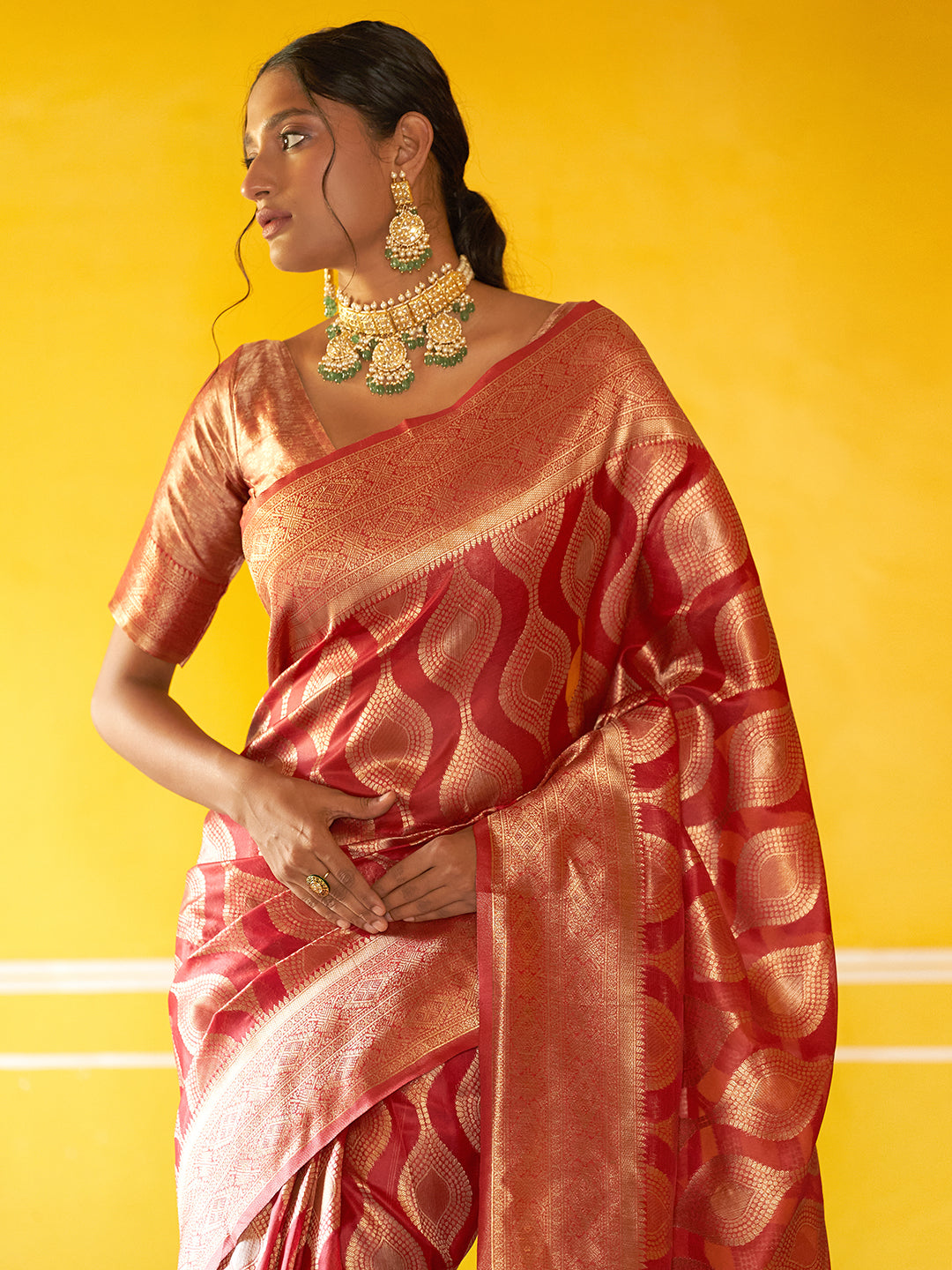 Janasya Red Organza Woven Ethnic Motifs Kanjeevaram Grab2Buy 