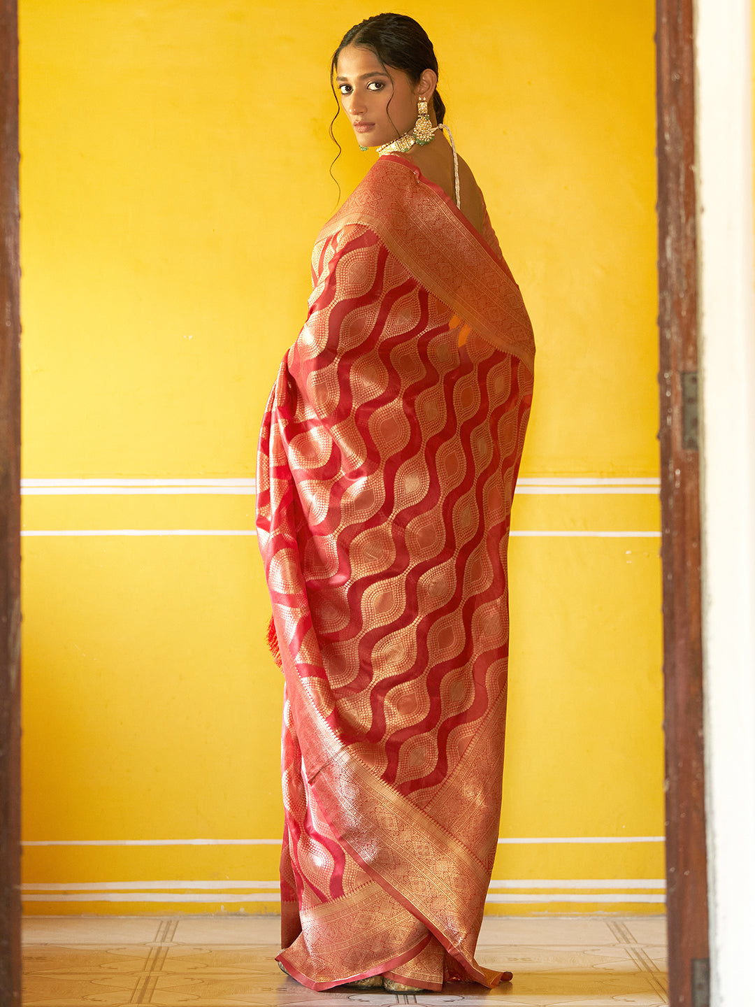 Janasya Red Organza Woven Ethnic Motifs Kanjeevaram Grab2Buy 