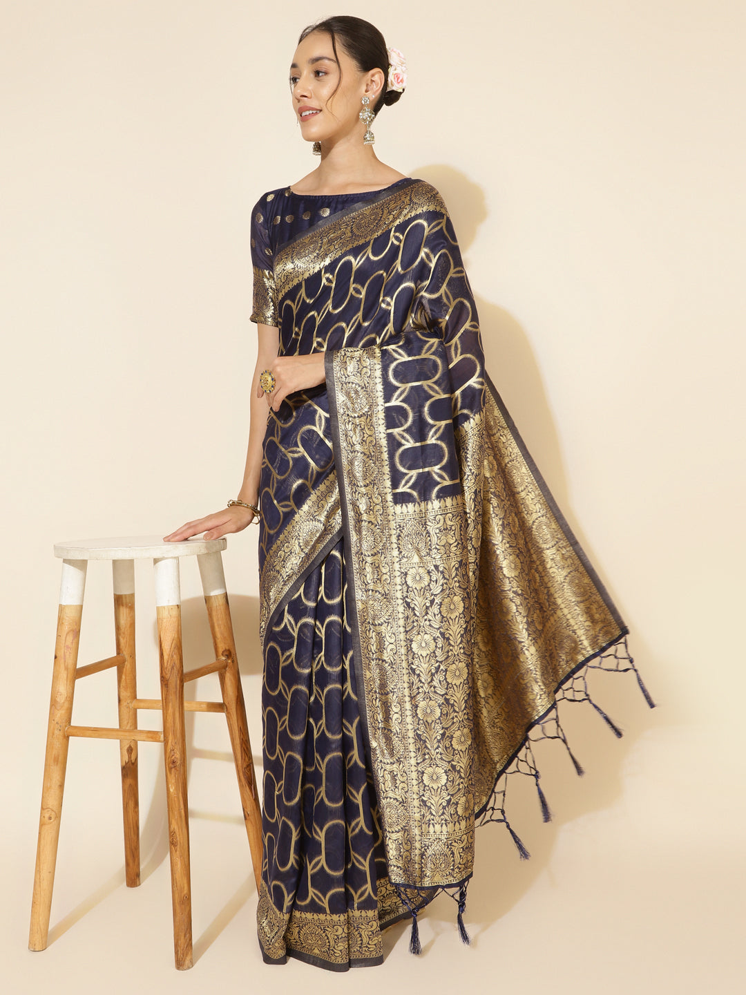Janasya Navy Blue Chanderi Silk Woven Geometric Chanderi Silk Grab2Buy 