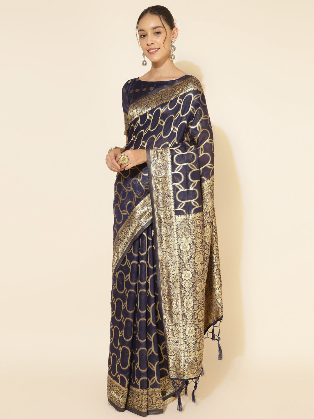 Janasya Navy Blue Chanderi Silk Woven Geometric Chanderi Silk Grab2Buy 