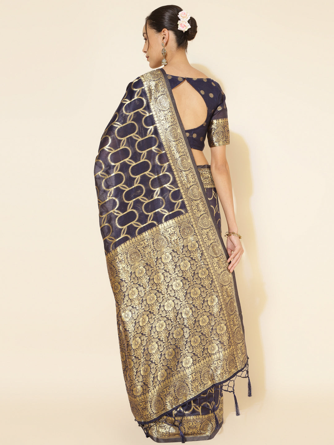 Janasya Navy Blue Chanderi Silk Woven Geometric Chanderi Silk Grab2Buy 