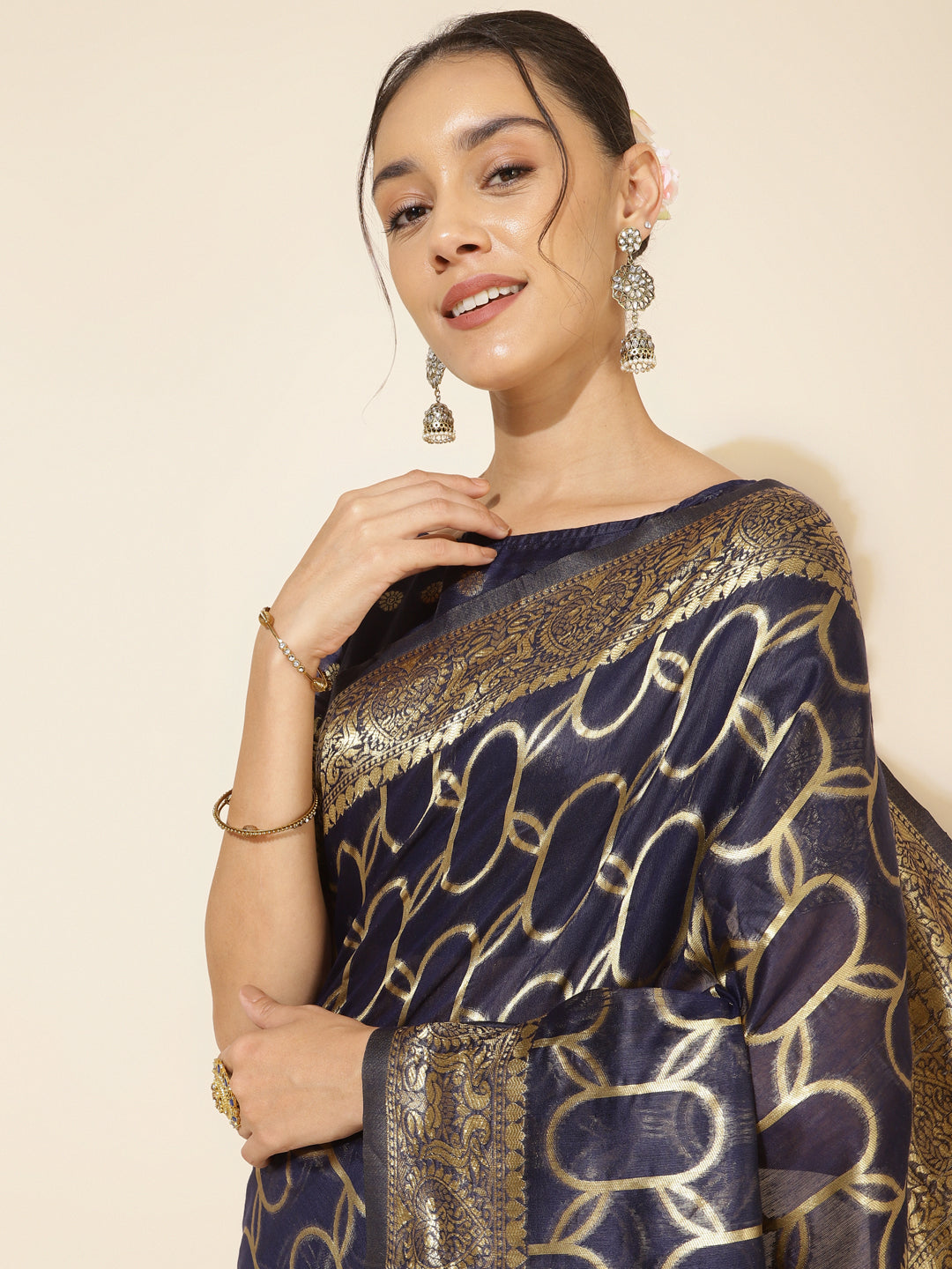 Janasya Navy Blue Chanderi Silk Woven Geometric Chanderi Silk Grab2Buy 