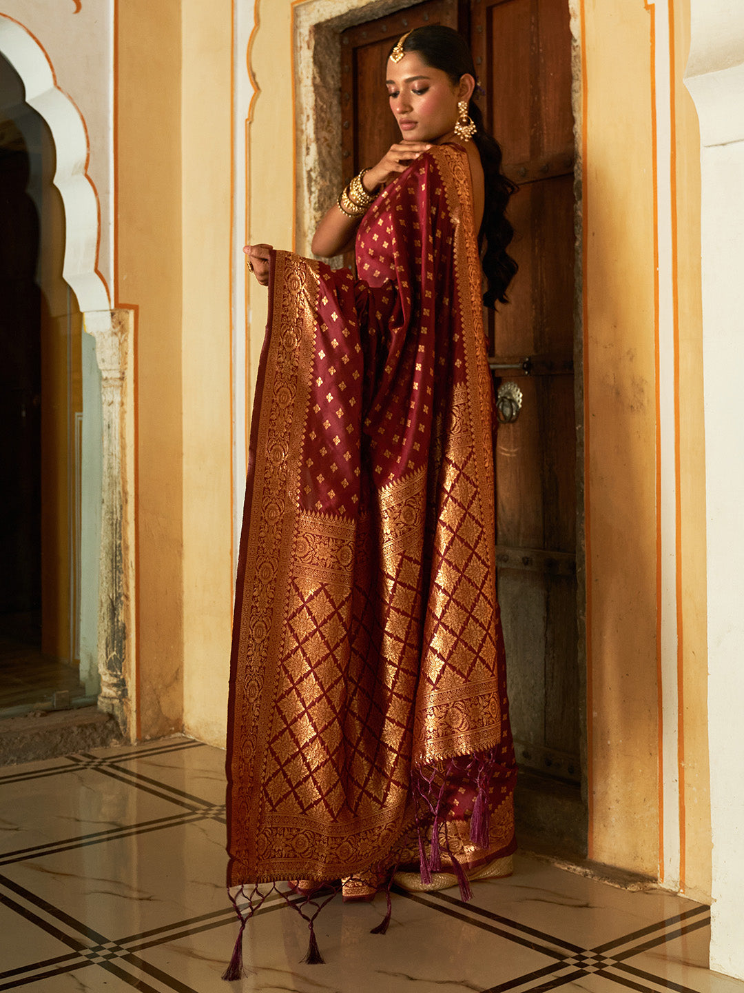 Janasya Maroon Banarasi Silk Woven Ethnic Motifs Woven Design Grab2Buy 
