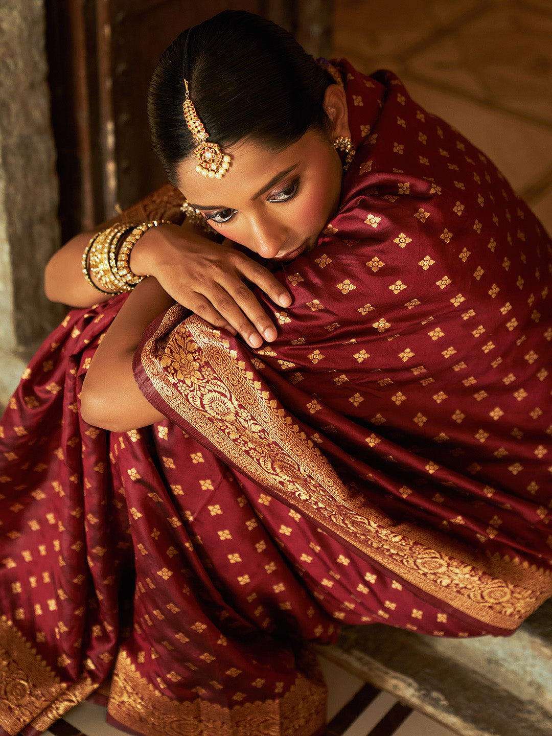 Janasya Maroon Banarasi Silk Woven Ethnic Motifs Woven Design Grab2Buy 