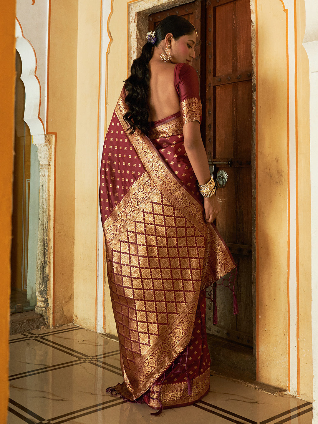 Janasya Maroon Banarasi Silk Woven Ethnic Motifs Woven Design Grab2Buy 