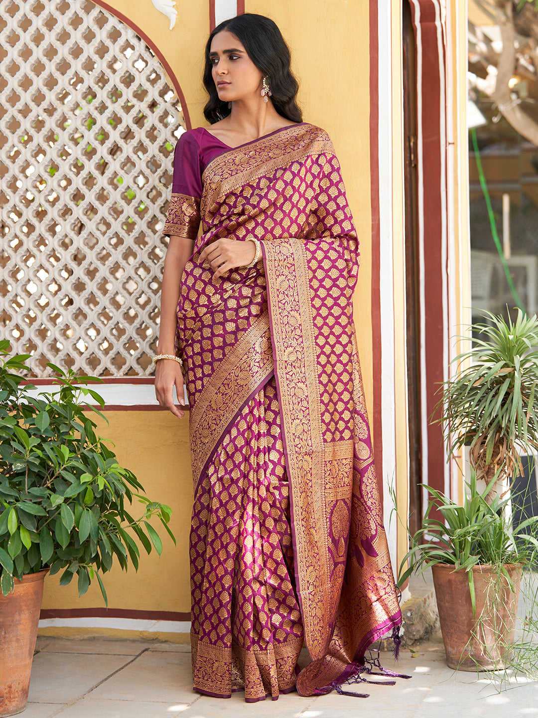 Janasya Wine Banarasi Silk Woven Ethnic Motifs Woven Design Grab2Buy 