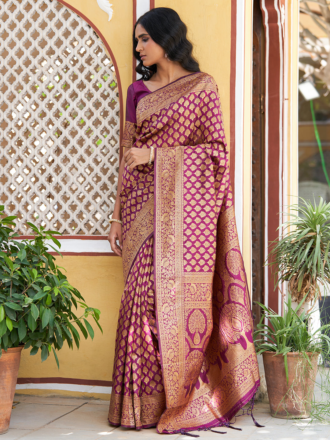 Janasya Wine Banarasi Silk Woven Ethnic Motifs Woven Design Grab2Buy 