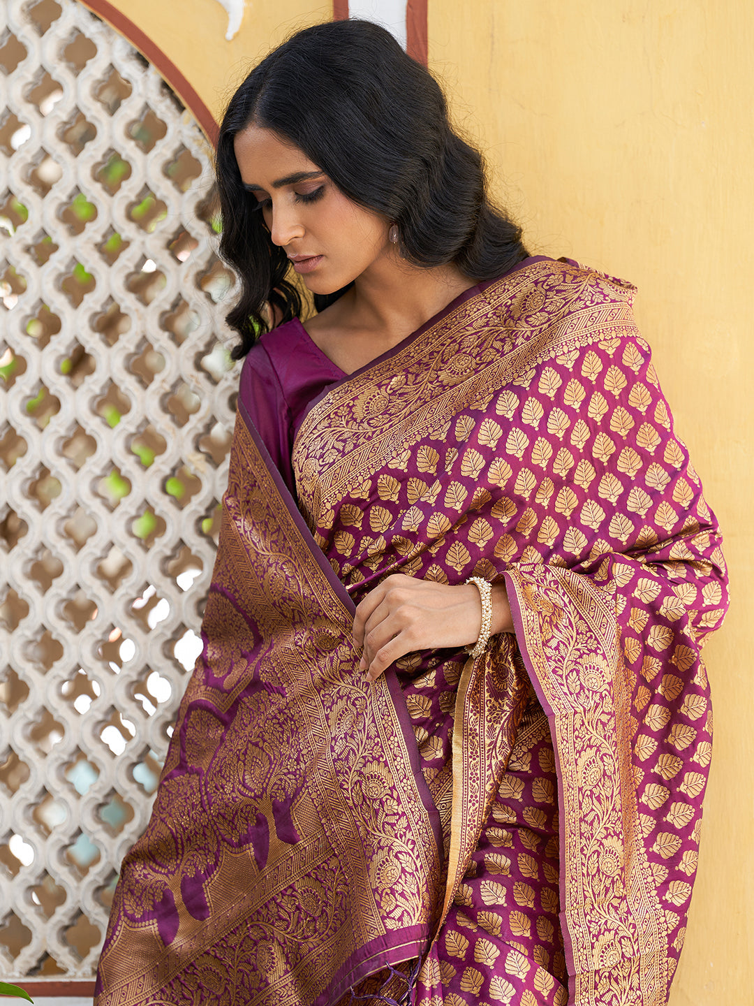 Janasya Wine Banarasi Silk Woven Ethnic Motifs Woven Design Grab2Buy 