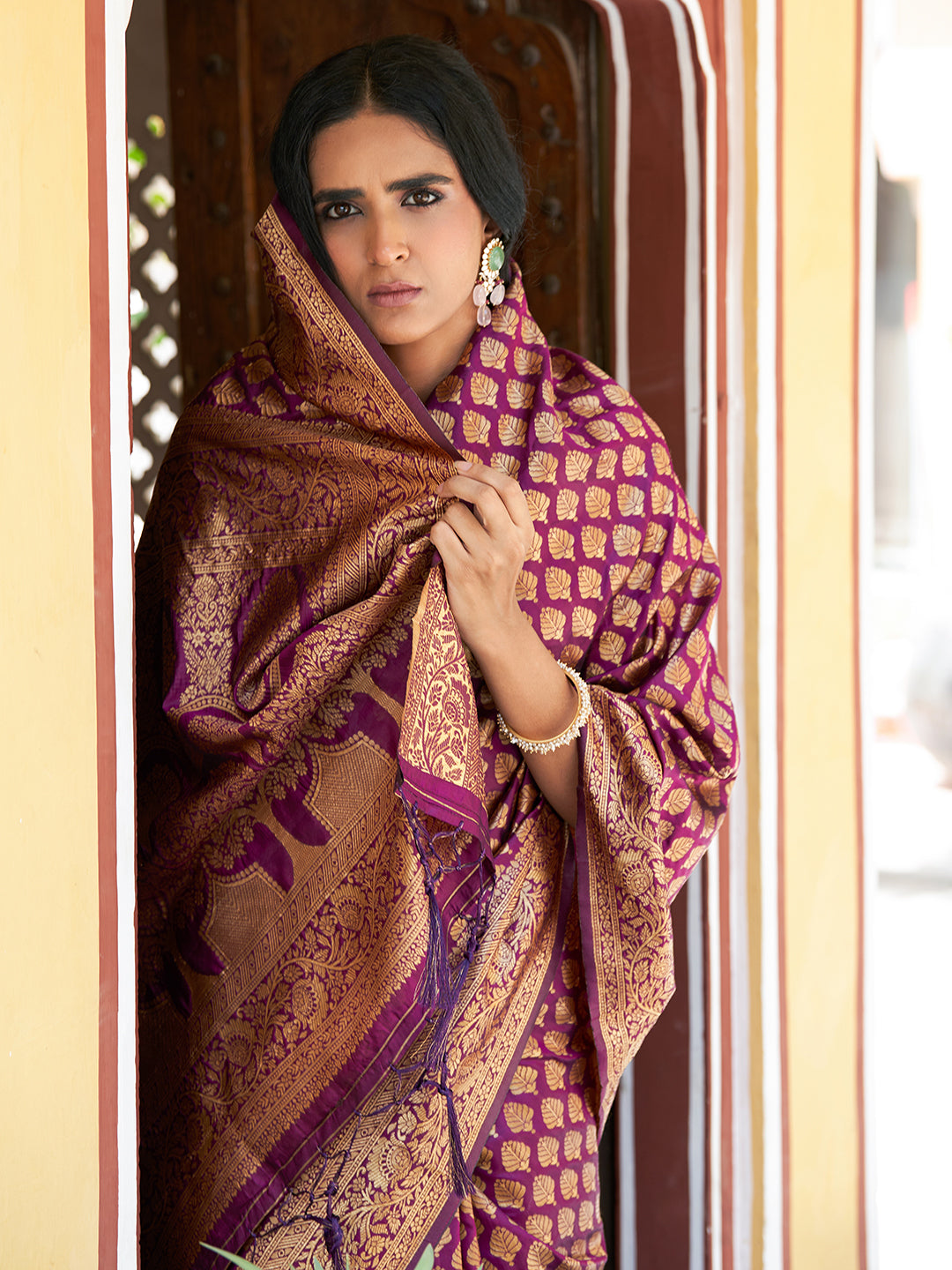 Janasya Wine Banarasi Silk Woven Ethnic Motifs Woven Design Grab2Buy 