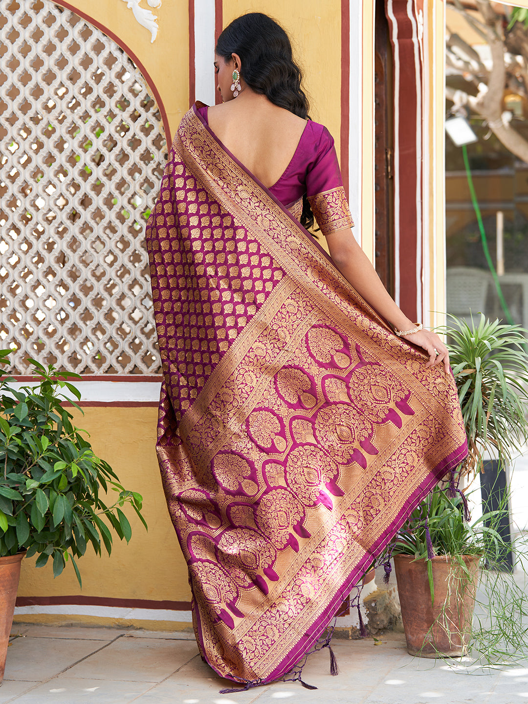 Janasya Wine Banarasi Silk Woven Ethnic Motifs Woven Design Grab2Buy 