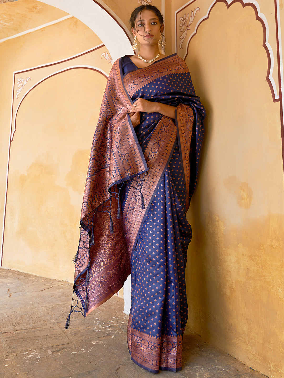 Janasya Navy Blue Banarasi Silk Ethnic Motifs Woven Design Grab2Buy 