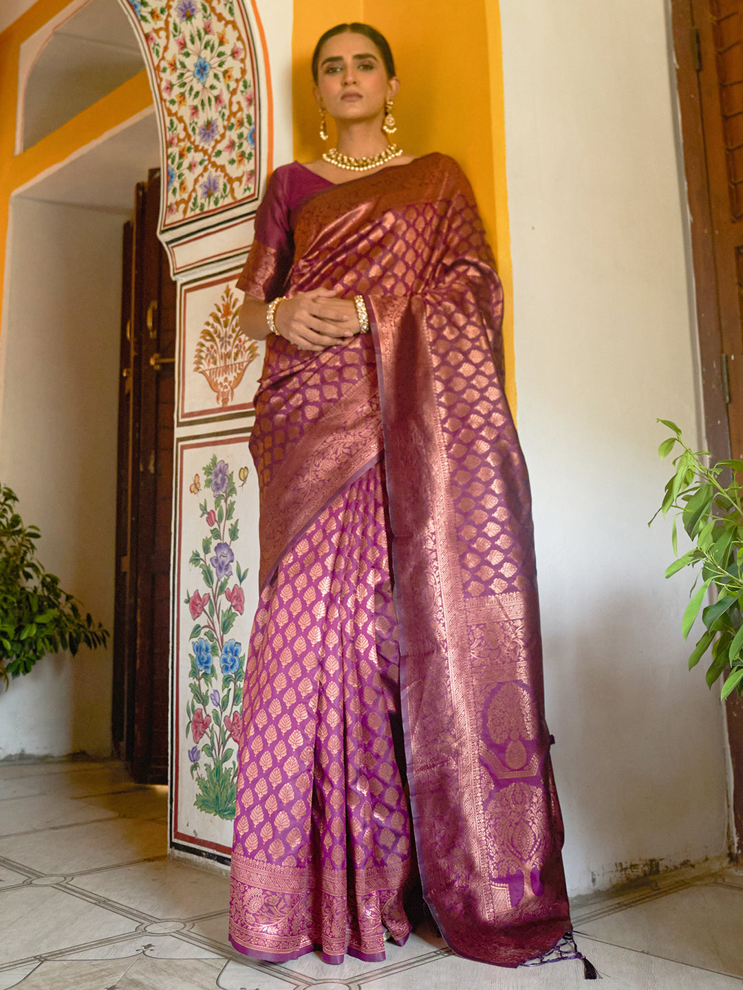 Janasya Wine Banarasi Silk Woven Ethnic Motifs Banarasi Silk Grab2Buy 