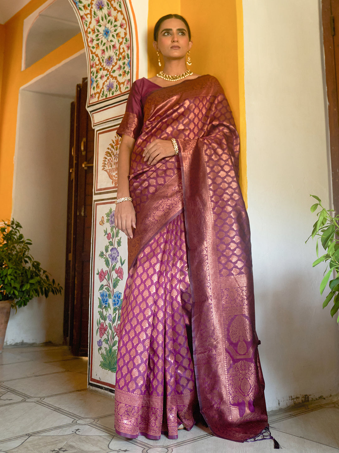 Janasya Wine Banarasi Silk Woven Ethnic Motifs Banarasi Silk Grab2Buy 