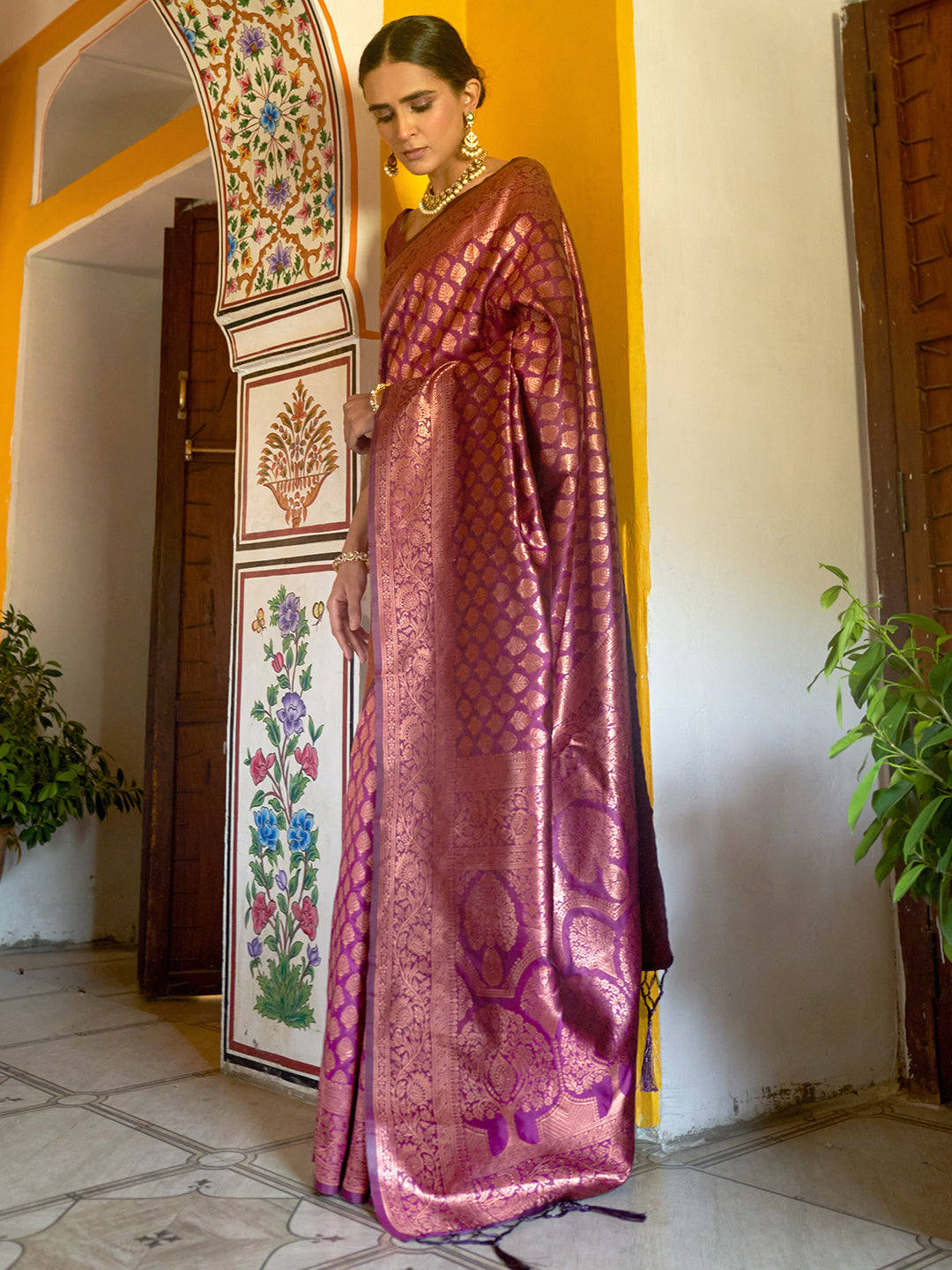 Janasya Wine Banarasi Silk Woven Ethnic Motifs Banarasi Silk Grab2Buy 