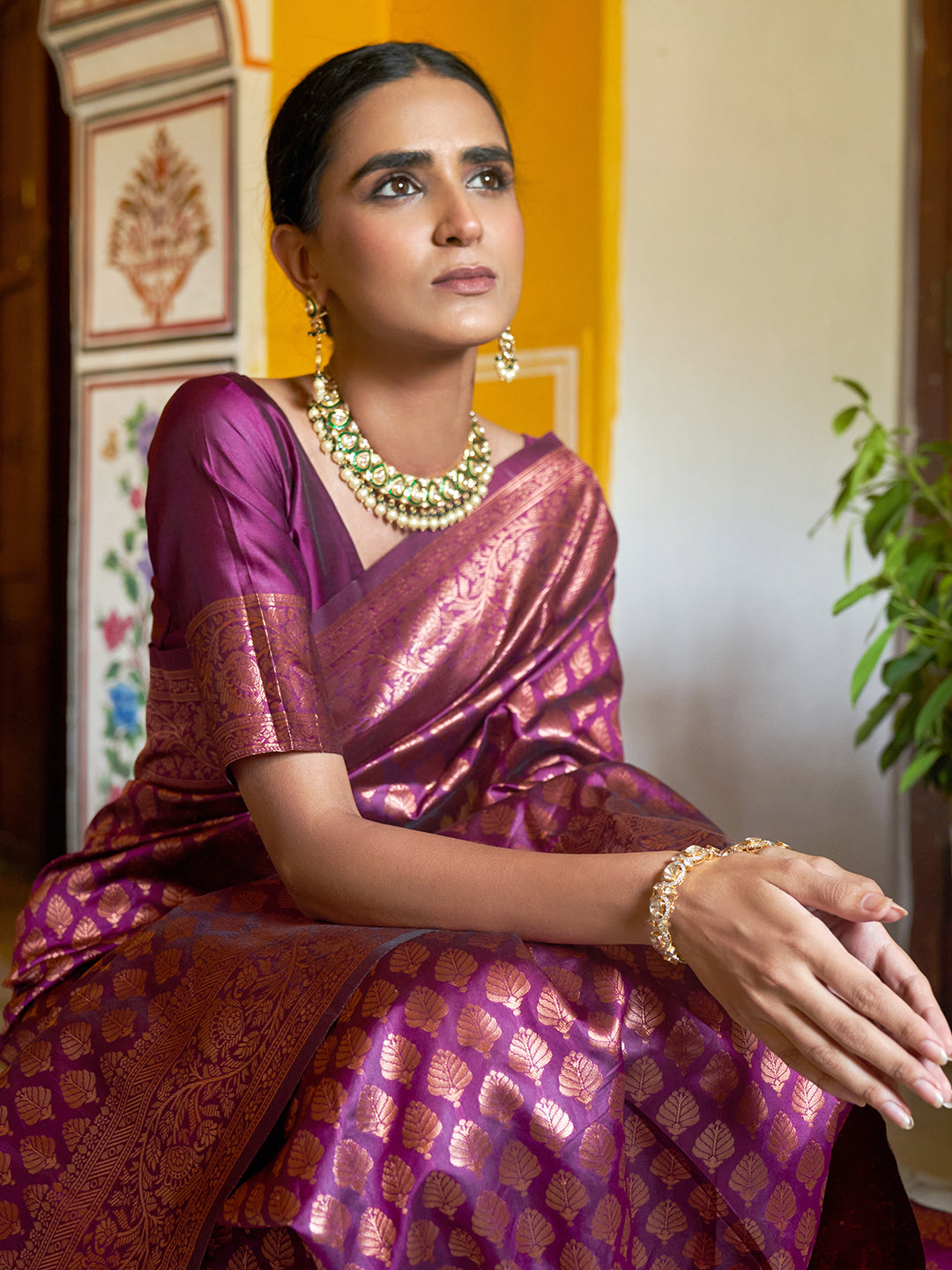 Janasya Wine Banarasi Silk Woven Ethnic Motifs Banarasi Silk Grab2Buy 