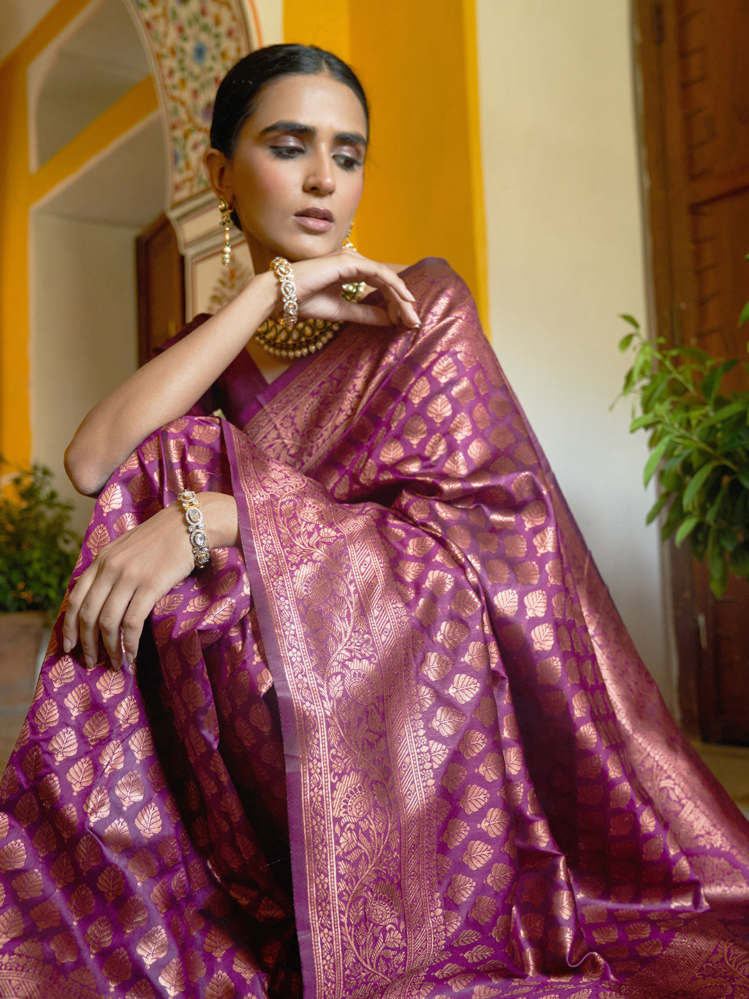 Janasya Wine Banarasi Silk Woven Ethnic Motifs Banarasi Silk Grab2Buy 