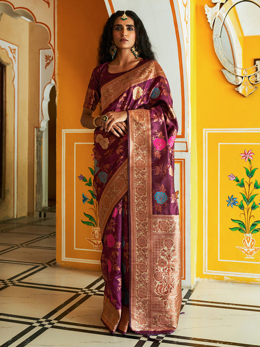 Janasya Wine Banarasi Silk Ethnic Motifs Woven Design Grab2Buy 