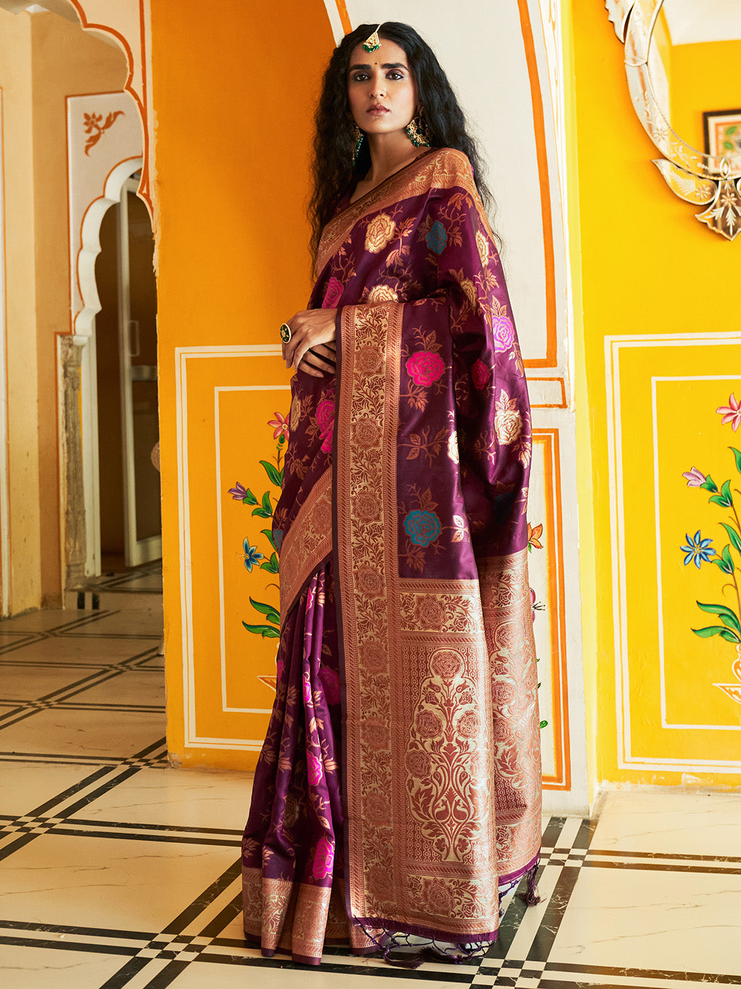 Janasya Wine Banarasi Silk Ethnic Motifs Woven Design Grab2Buy 