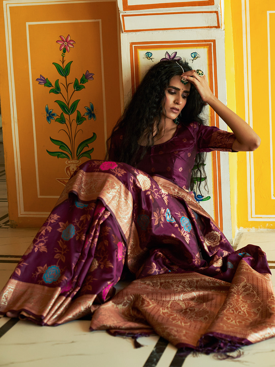 Janasya Wine Banarasi Silk Ethnic Motifs Woven Design Grab2Buy 
