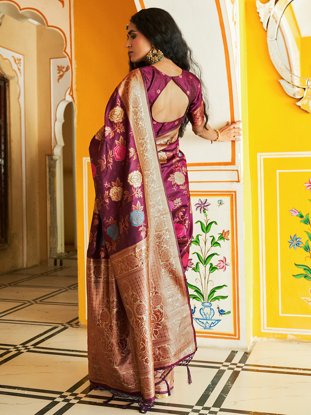Janasya Wine Banarasi Silk Ethnic Motifs Woven Design Grab2Buy 