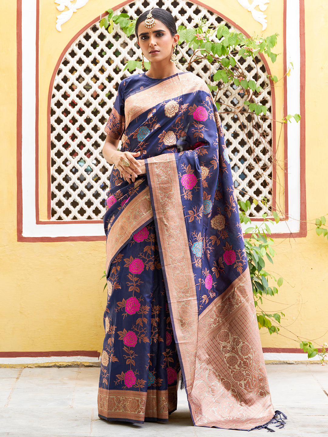 Janasya Navy Blue Banarasi Silk Floral Woven Design Grab2Buy 