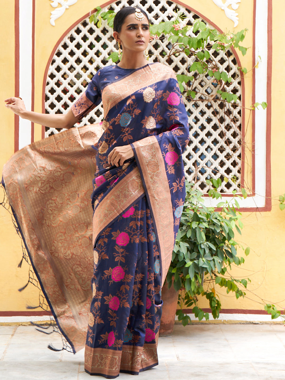 Janasya Navy Blue Banarasi Silk Floral Woven Design Grab2Buy 
