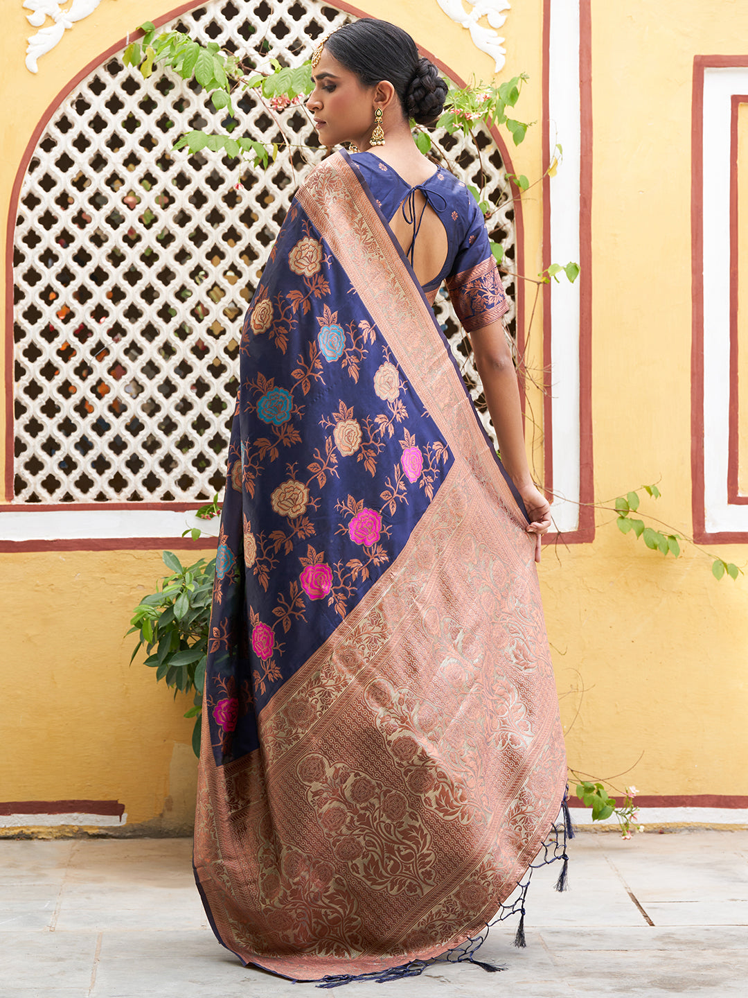 Janasya Navy Blue Banarasi Silk Floral Woven Design Grab2Buy 