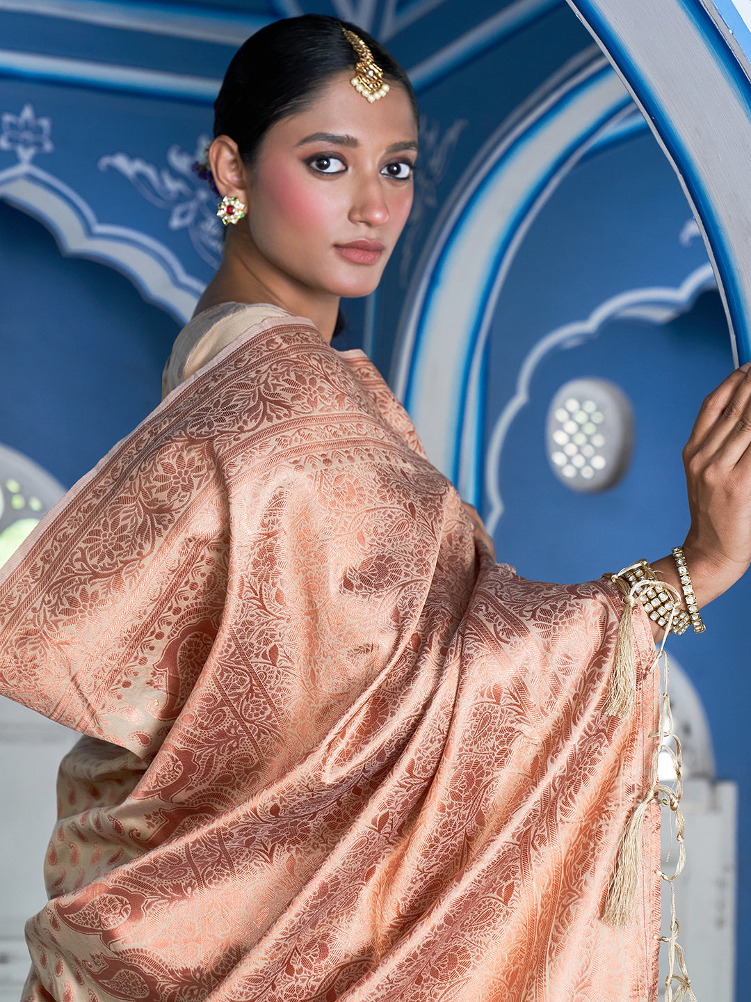 Janasya Beige Chanderi Silk Paisley Woven Design Grab2Buy 