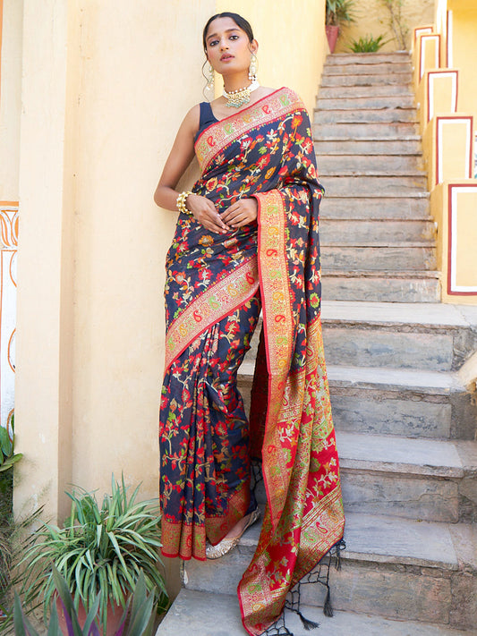 Janasya Navy Blue Chanderi Silk Pashmina Woven Design Grab2Buy 