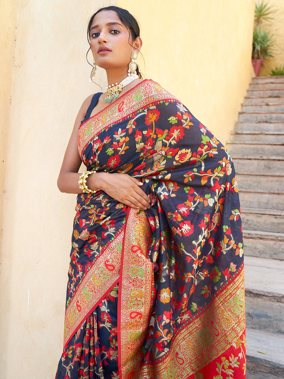 Janasya Navy Blue Chanderi Silk Pashmina Woven Design Grab2Buy 