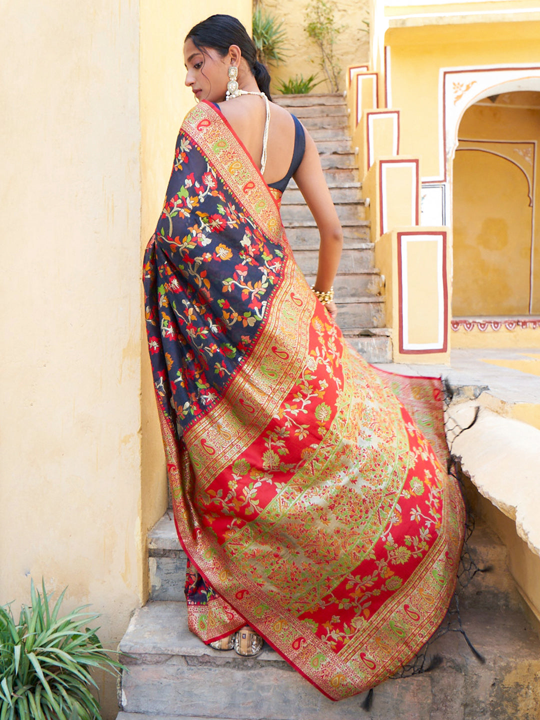 Janasya Navy Blue Chanderi Silk Pashmina Woven Design Grab2Buy 