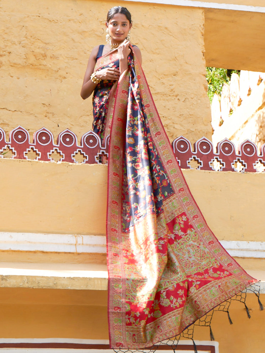 Janasya Navy Blue Chanderi Silk Pashmina Woven Design Grab2Buy 