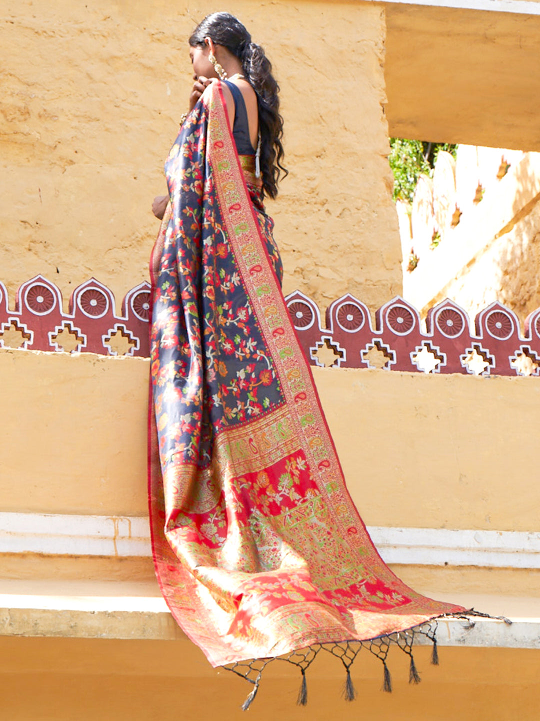 Janasya Navy Blue Chanderi Silk Pashmina Woven Design Grab2Buy 