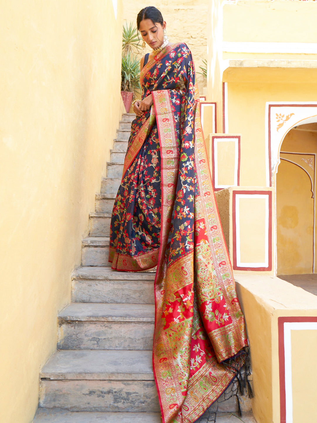 Janasya Navy Blue Chanderi Silk Pashmina Woven Design Grab2Buy 