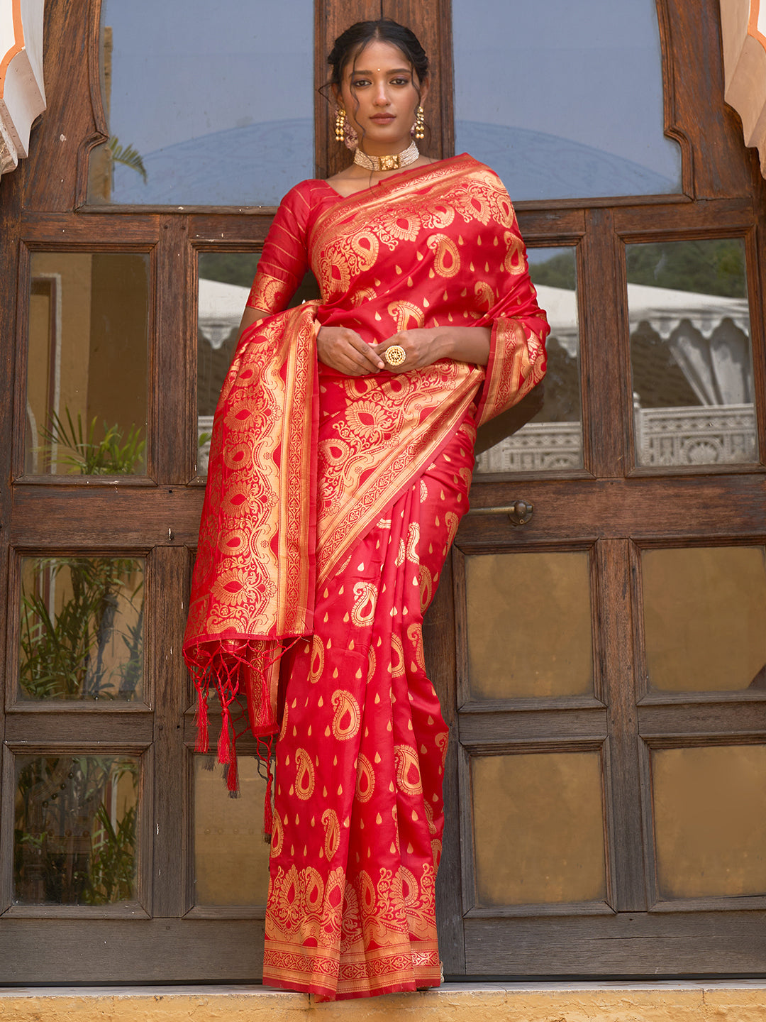 Janasya Red Banarasi Silk Paisley Woven Design Grab2Buy 