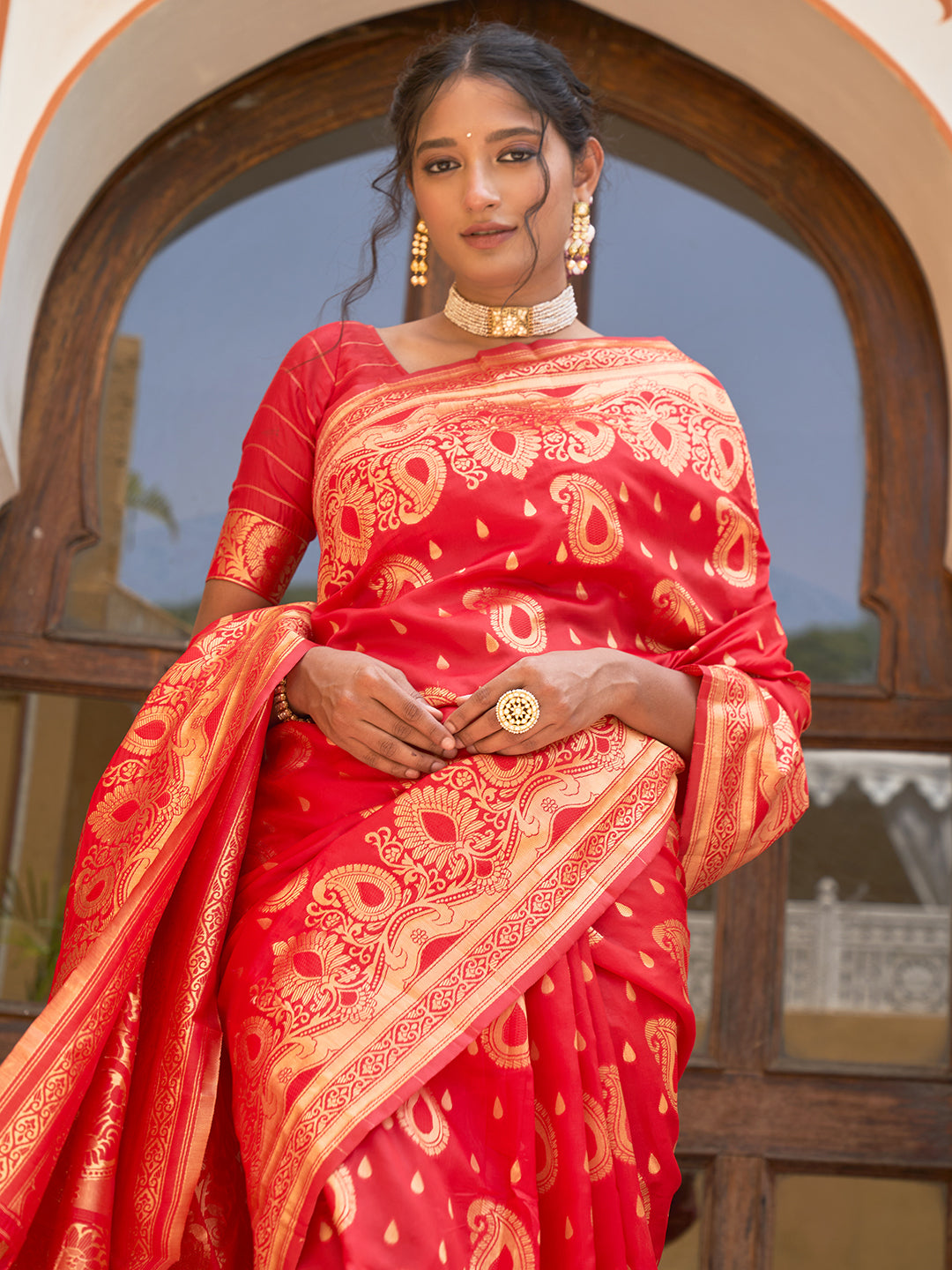 Janasya Red Banarasi Silk Paisley Woven Design Grab2Buy 