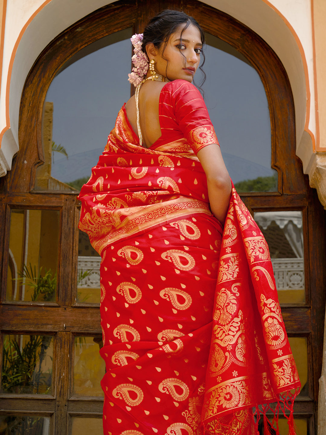 Janasya Red Banarasi Silk Paisley Woven Design Grab2Buy 