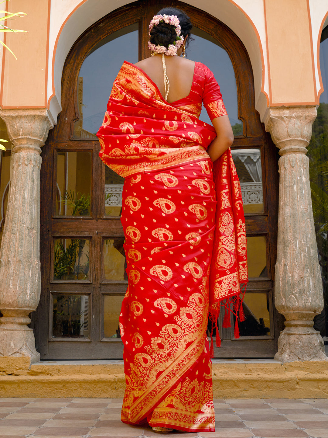 Janasya Red Banarasi Silk Paisley Woven Design Grab2Buy 