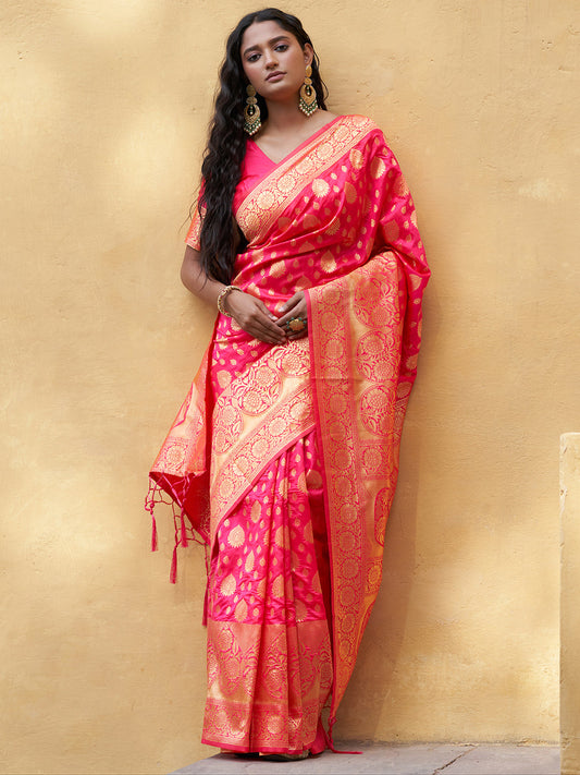 Janasya Pink Banarasi Silk Ethnic Motifs Woven Design Grab2Buy 