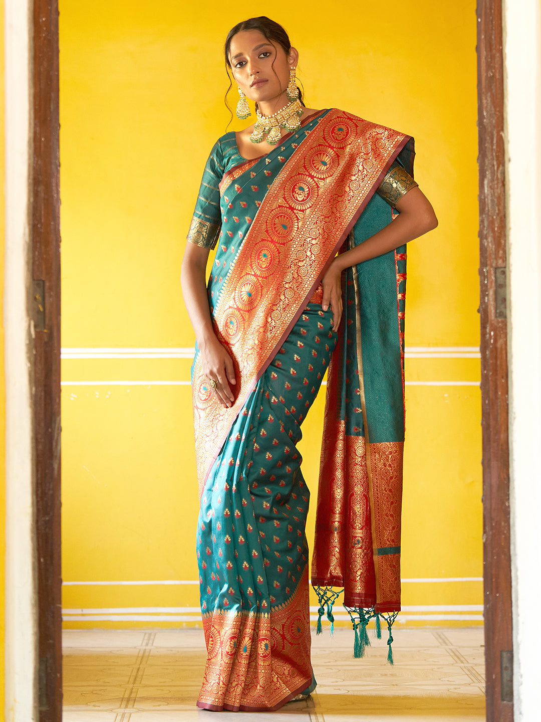 Janasya Green Silk Blend Woven Ethnic Motifs Woven Design Grab2Buy 