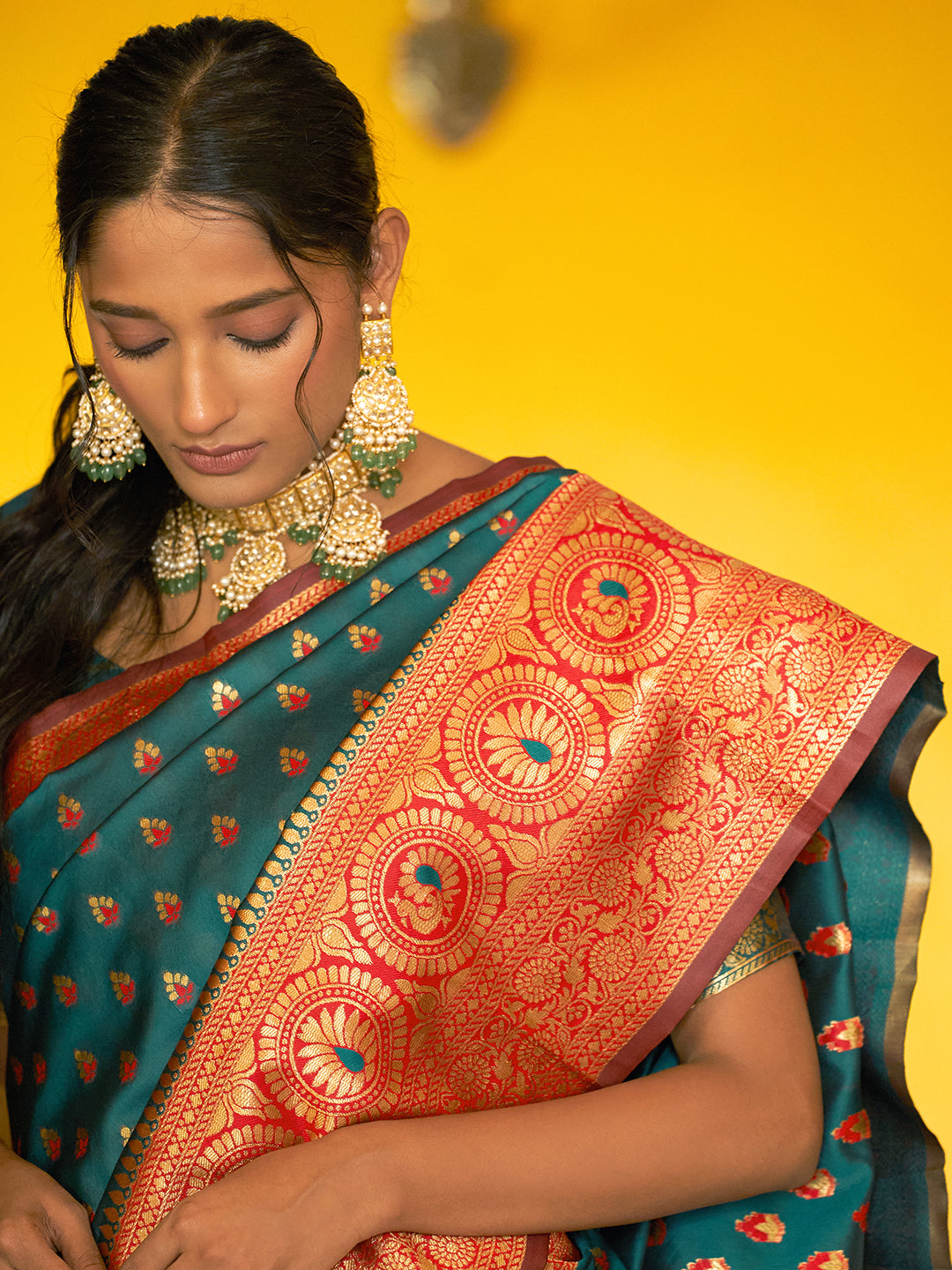 Janasya Green Silk Blend Woven Ethnic Motifs Woven Design Grab2Buy 