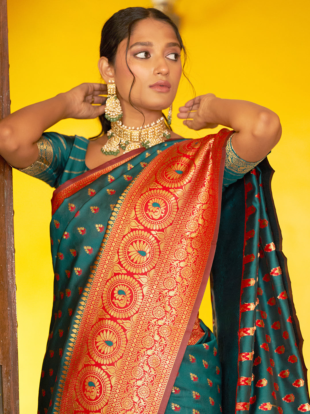 Janasya Green Silk Blend Woven Ethnic Motifs Woven Design Grab2Buy 
