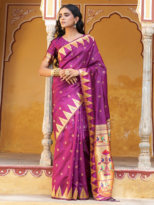 Janasya Wine Paithani Silk Ethnic Motifs Paithani Silk Grab2Buy 