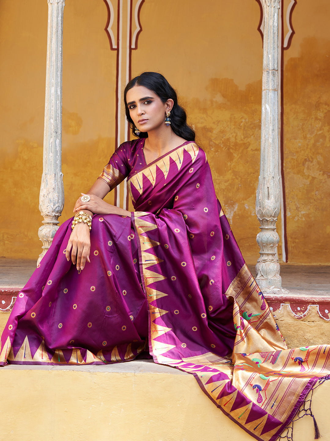 Janasya Wine Paithani Silk Ethnic Motifs Paithani Silk Grab2Buy 