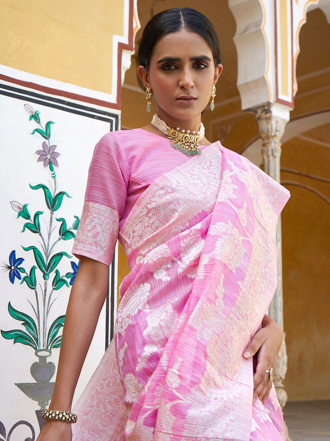 Janasya Pink Linen Cotton Woven Ethnic Motifs Woven Design Grab2Buy 