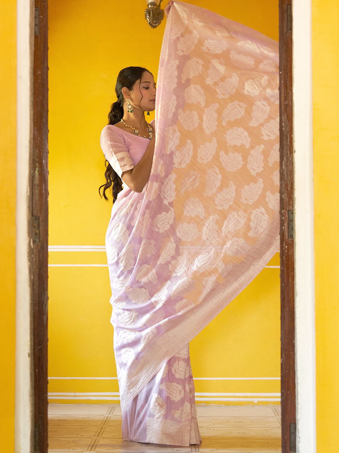 Janasya Lavender Linen Cotton Woven Paisley Woven Design Grab2Buy 